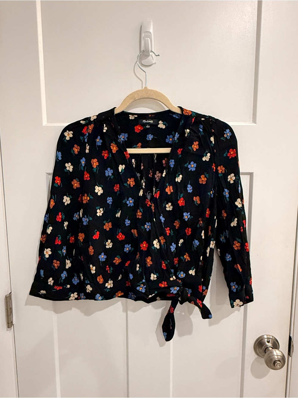 Madewell Floral Wrap Blouse - Black with Multi-Color Flowers